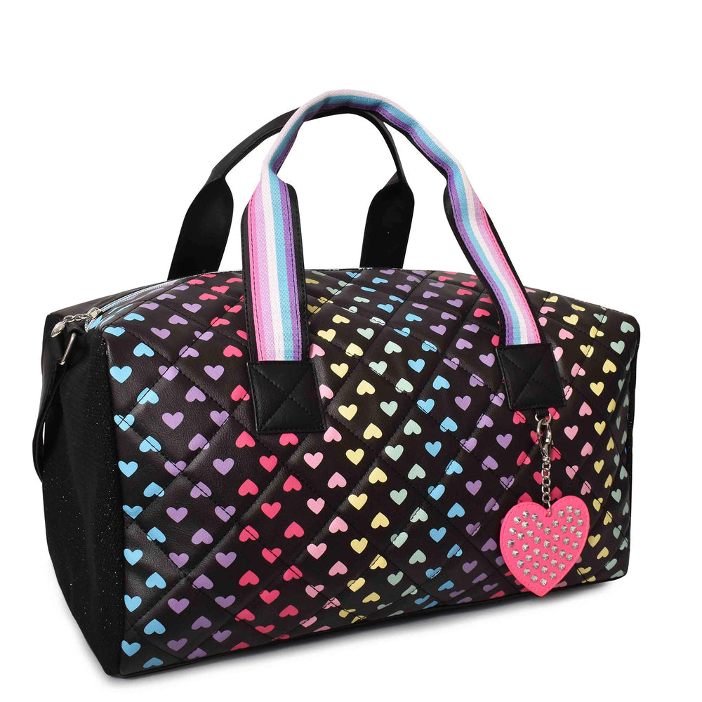 Heart-Printed Large Duffle Bag with Heart Keychain