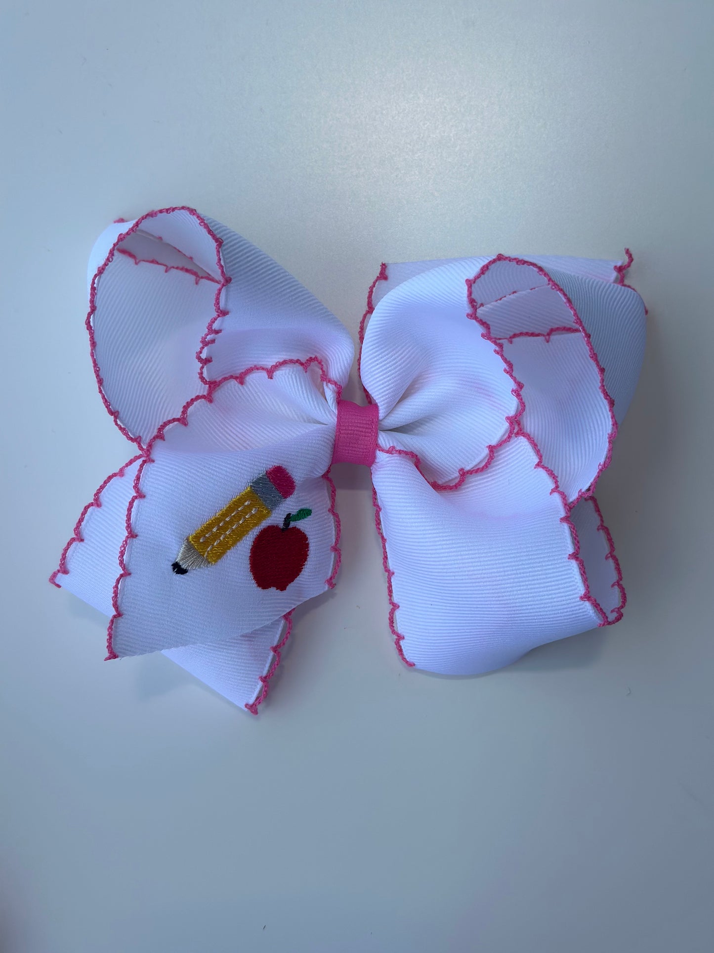 Medium Grosgrain Hair Bow with Pink Moonstitch Edge and Pencil Embroidery