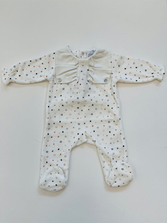 Baby Girls Ivory Heart Print Velour Babygrow