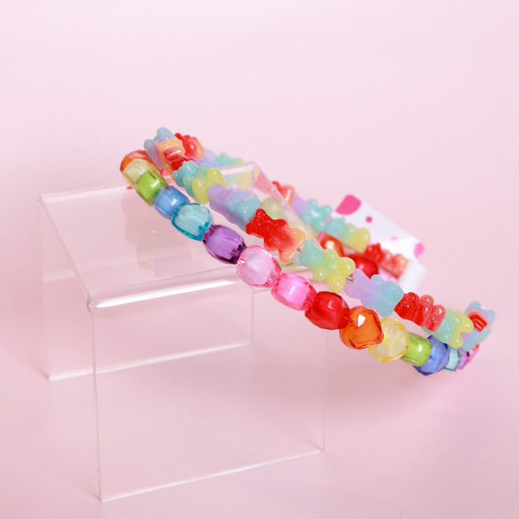 Double Row Heart and Gummy Bear Beaded Headband | Rainbow
