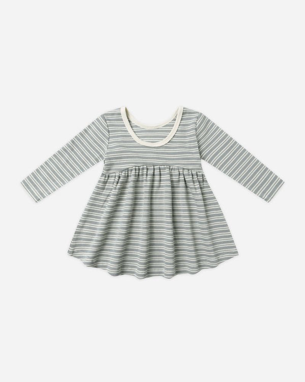 RIBBED LONG SLEEVE DRESS || STEEL BLUE MICRO STRIPE