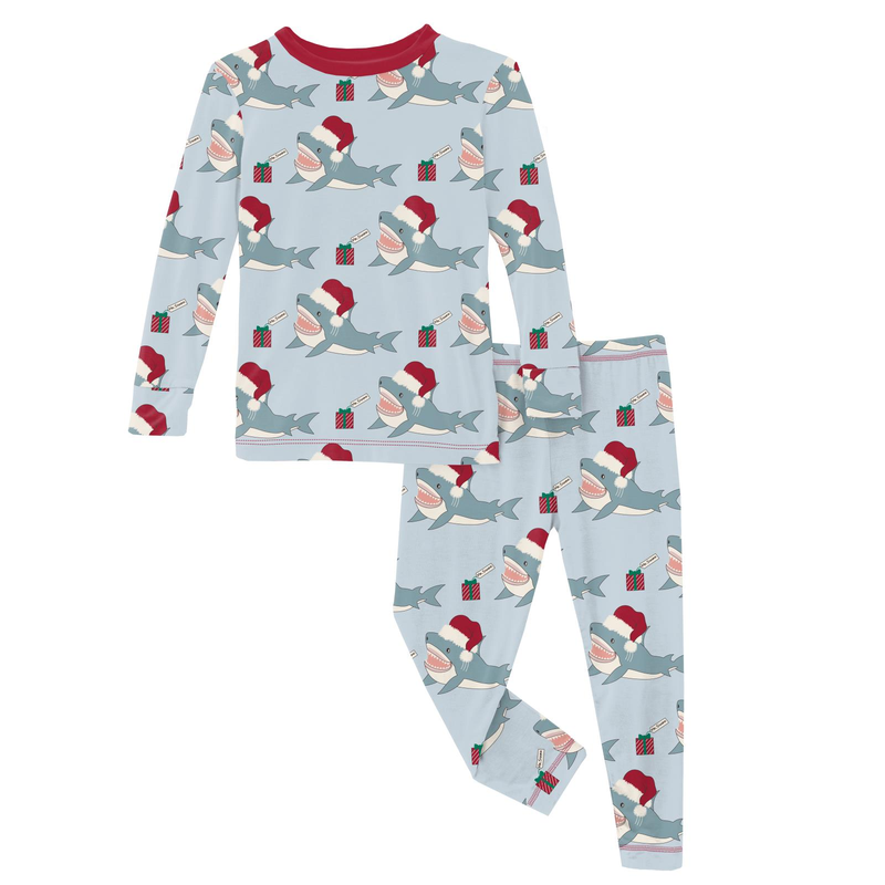 Print Long Sleeve Pajama Set | Illusion Blue Holiday Sharks