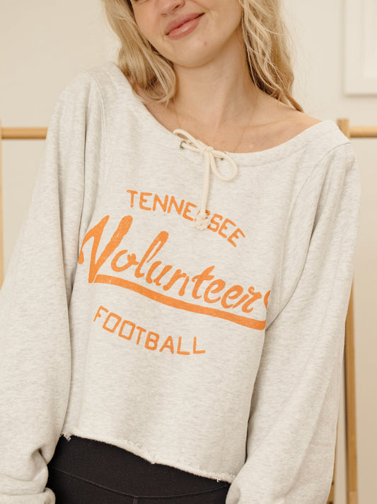 Tennessee Vols Football Stencil Tie Off Shoulder Hi-Dive Sweatshirt | Gray