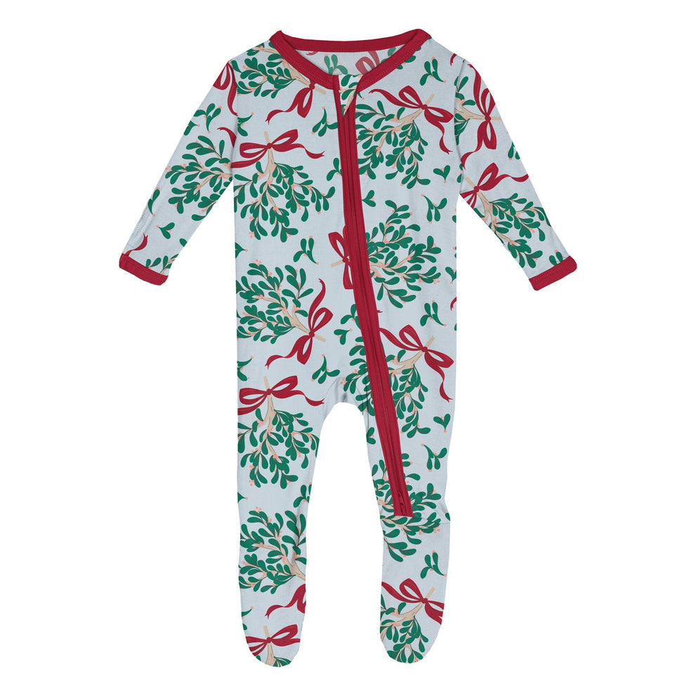 Print Footie with 2 Way Zipper | Illusion Blue Mistletoe & Ribbons