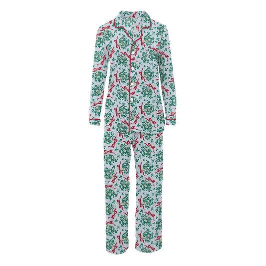 Women's Print Long Sleeve Collared Pajama Set | Illusion Blue Mistletoe + Ribbons