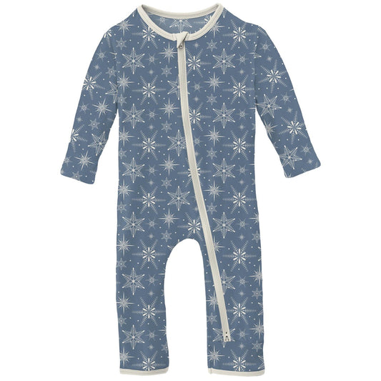 Print Coverall with 2 Way Zipper | Parisian Blue Snowflakes