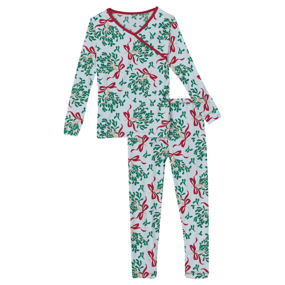 Print Long Sleeve Kimono Pajama Set | Illusion Blue Mistletoe + Ribbons