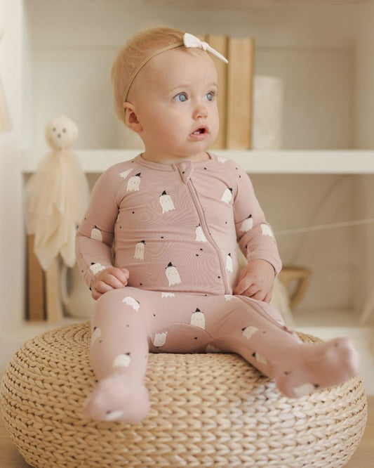 BAMBOO ZIP FOOTIE || PINK GHOSTS
