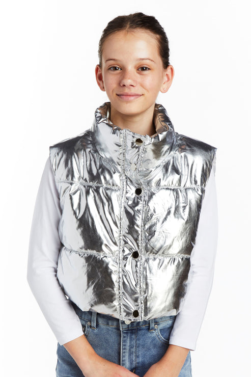 Metallic Cropped Puffer Vest | Silver