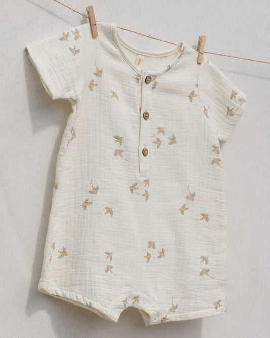 SHORT SLEEVE WOVEN ROMPER || BIRDS