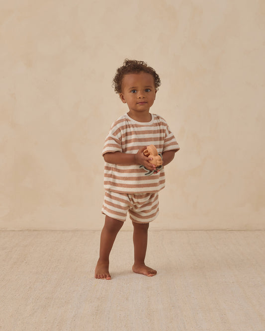 TERRY TEE + SHORT SET || LATTE STRIPE