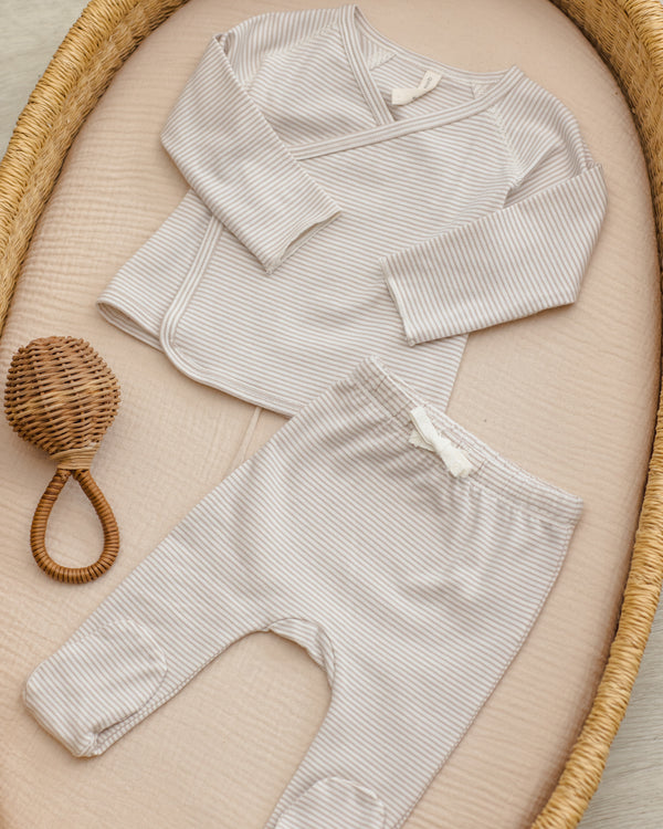 WRAP TOP + FOOTIE PANT SET || OAT MICRO STRIPE