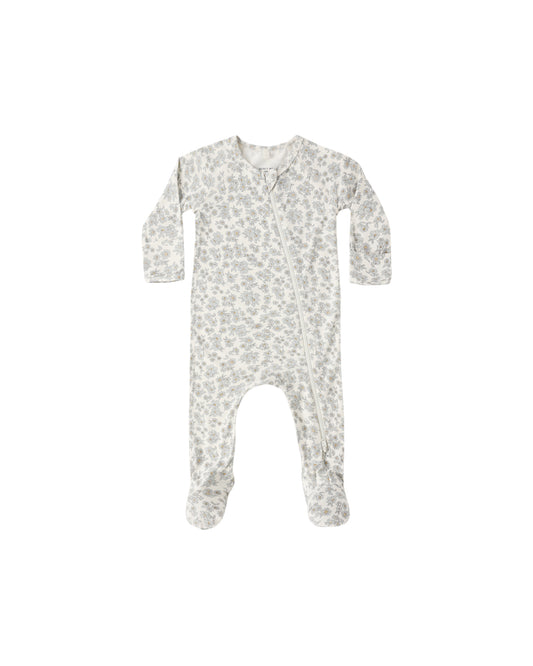 BAMBOO ZIP FOOTIE || BLUE FLORAL