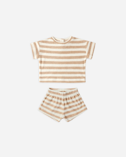 TERRY TEE + SHORT SET || LATTE STRIPE