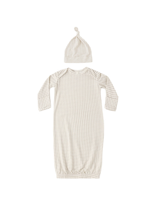 BAMBOO BABY GOWN + HAT SET || OAT GINGHAM