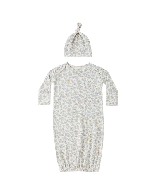 BAMBOO BABY GOWN + HAT SET || BLUE FLORAL