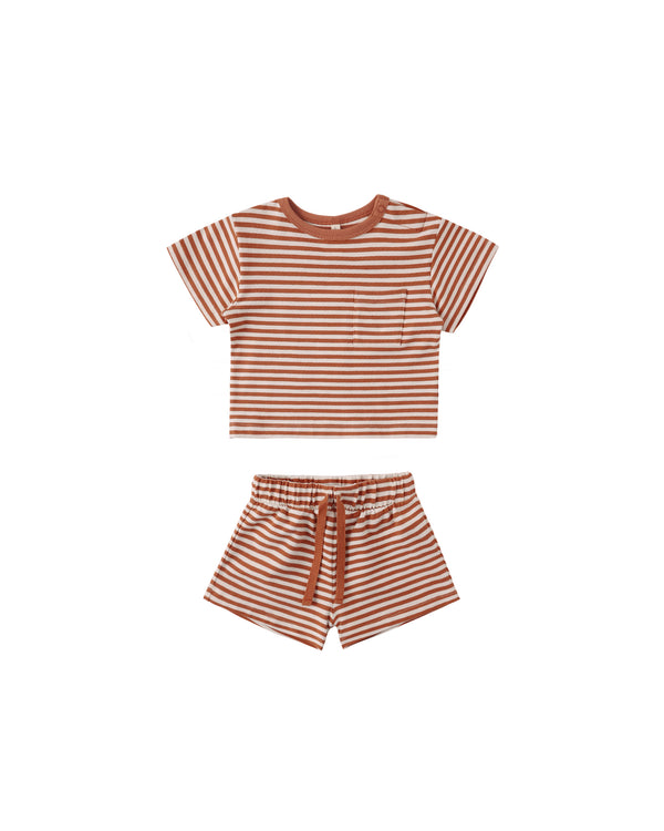 BOXY POCKET TEE + SHORT SET || POPPY STRIPE