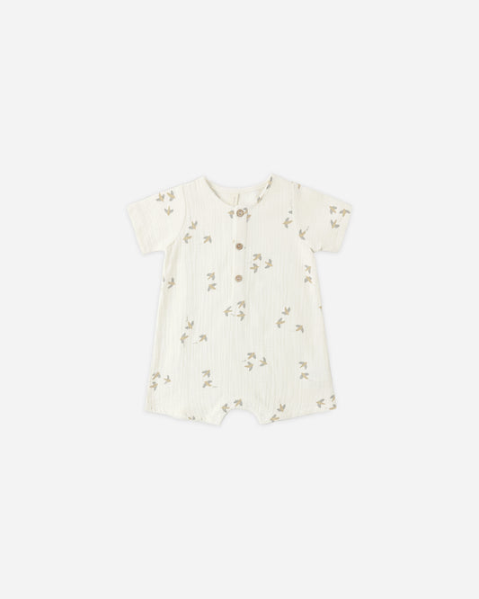 SHORT SLEEVE WOVEN ROMPER || BIRDS