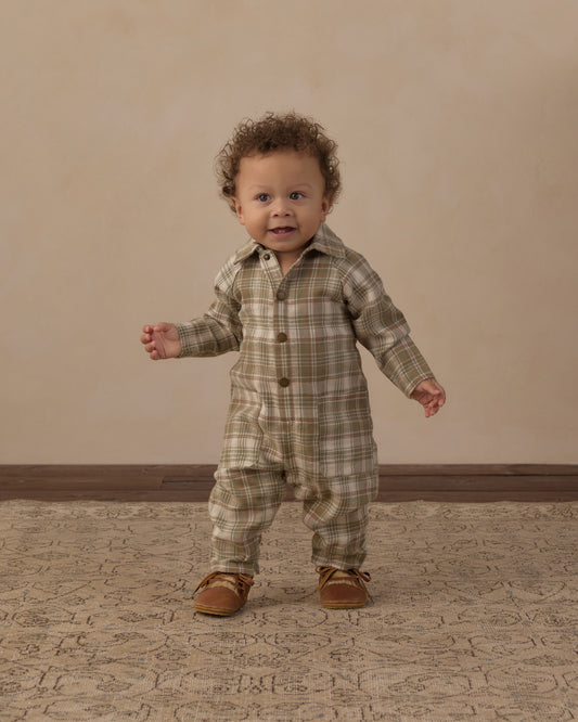 COLLARED BABY JUMPSUIT || OLIVE DOBBY PLAID