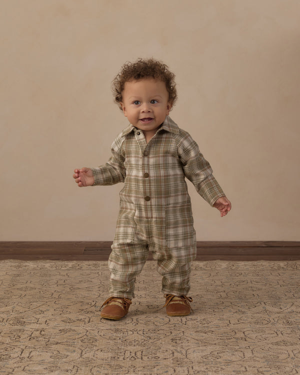 COLLARED BABY JUMPSUIT || OLIVE DOBBY PLAID