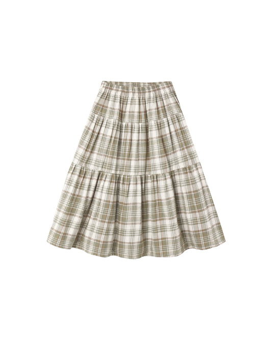 TIERED MIDI SKIRT || OLIVE DOBBY PLAID