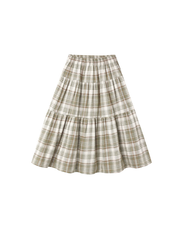 TIERED MIDI SKIRT || OLIVE DOBBY PLAID