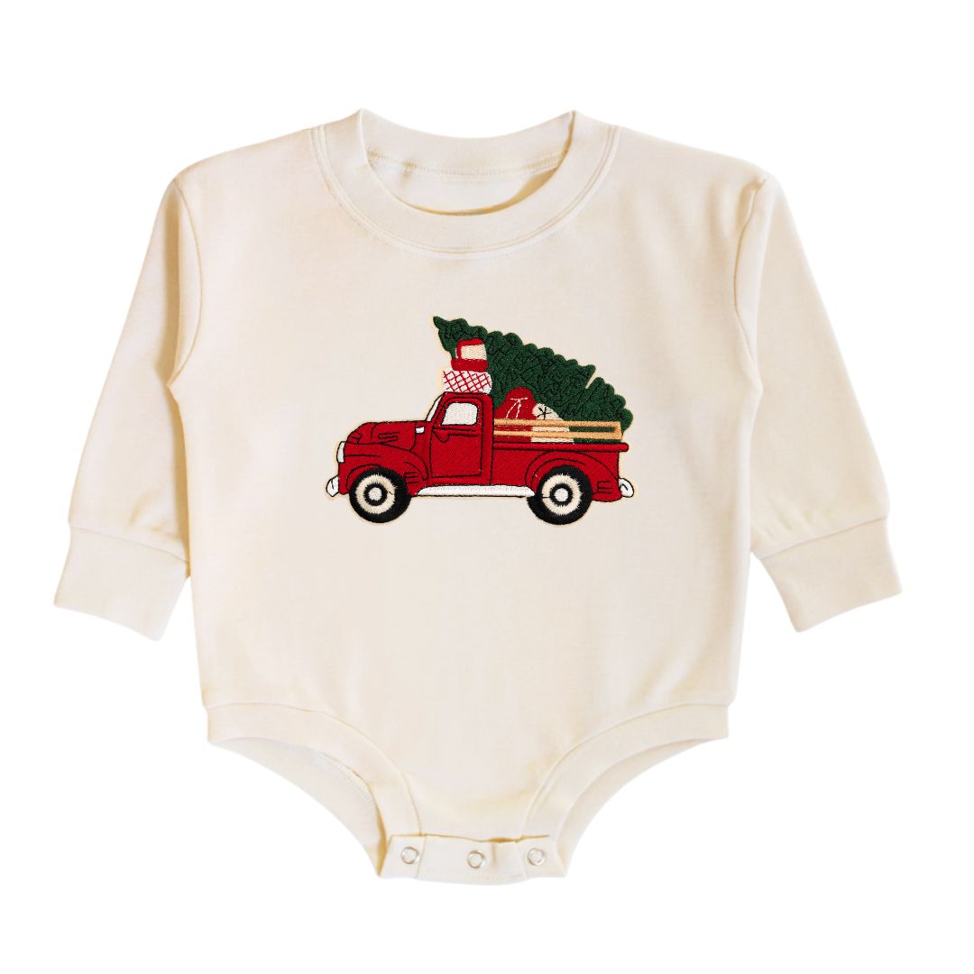 Christmas Truck Patch Long Sleeve Romper | Natural