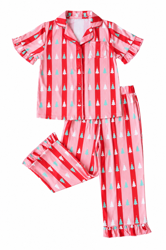 Ruffle Pant Set | Red & Pink Tree Stripes