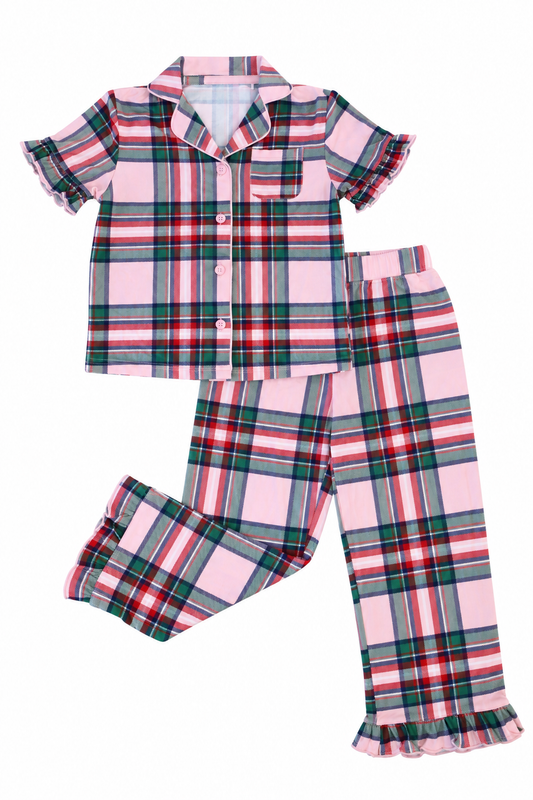 Ruffle Pant Set | Christmas Plaid Pink