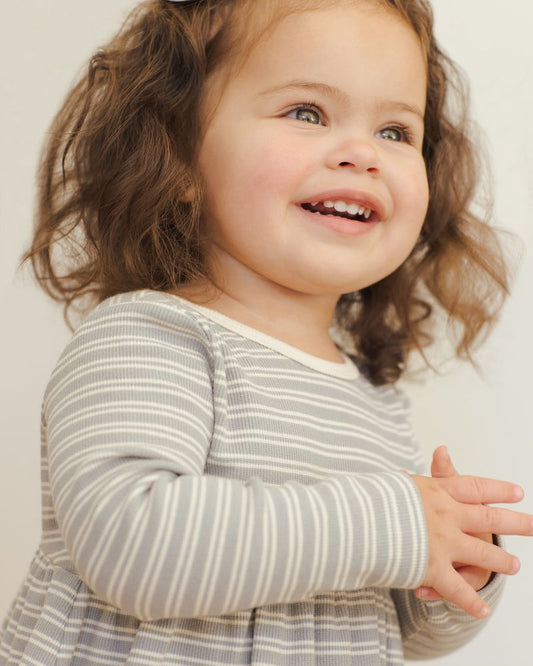 RIBBED LONG SLEEVE DRESS || STEEL BLUE MICRO STRIPE