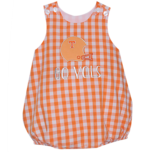 Helmet Applique Boy Bubble | Orange/White Gingham