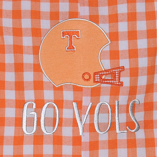 Helmet Applique Boy Bubble | Orange/White Gingham