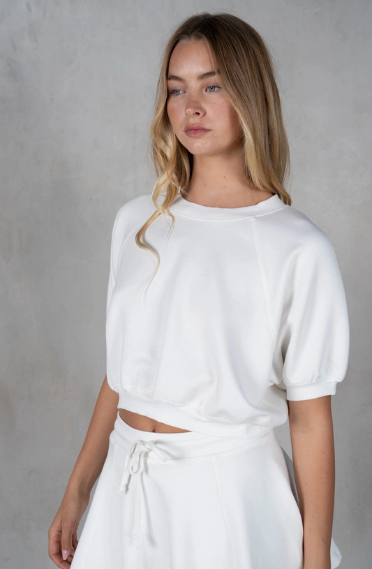 Cropped Short Sleeve Sweatshirt & Skirt Set | White