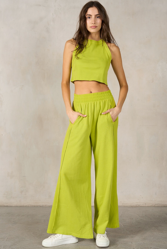Halter Neck Crop Top & Pants Set | Chartreuse
