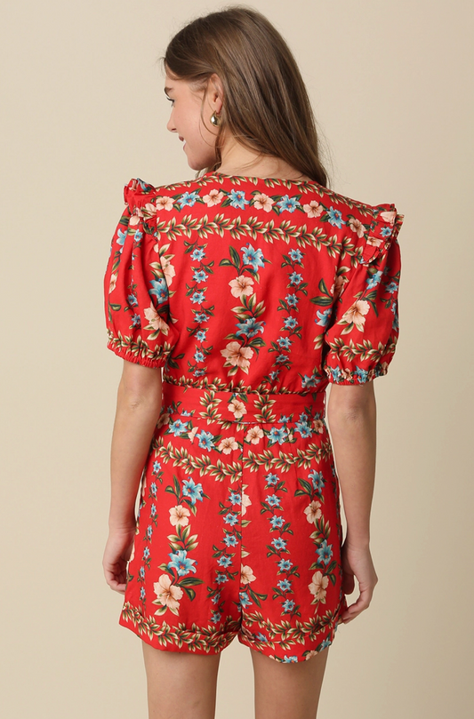 Aria Floral Ruffle Belted Romper | Red Multi Floral