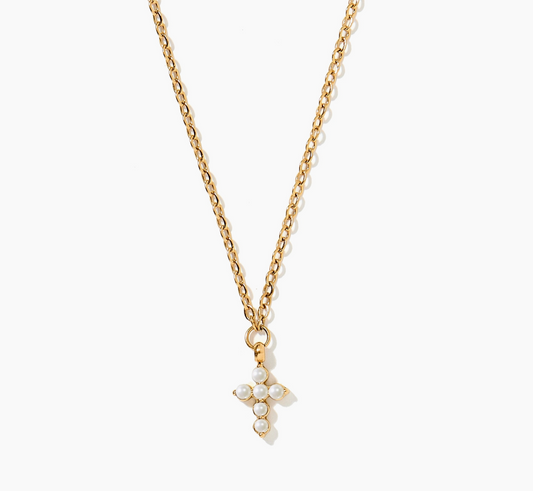 Carly Cross Necklace | Gold Pearl