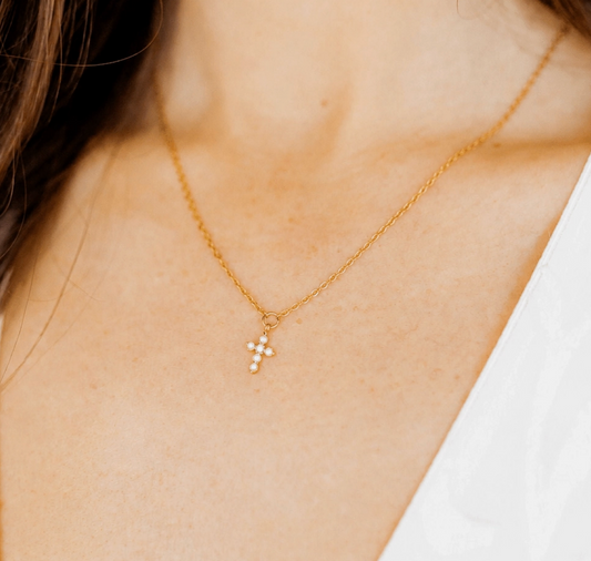 Carly Cross Necklace | Gold Pearl