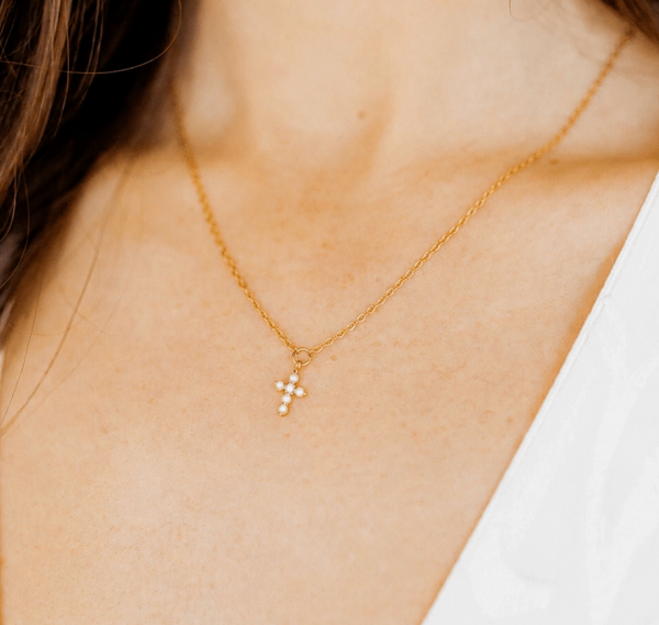 Carly Cross Necklace | Gold Pearl