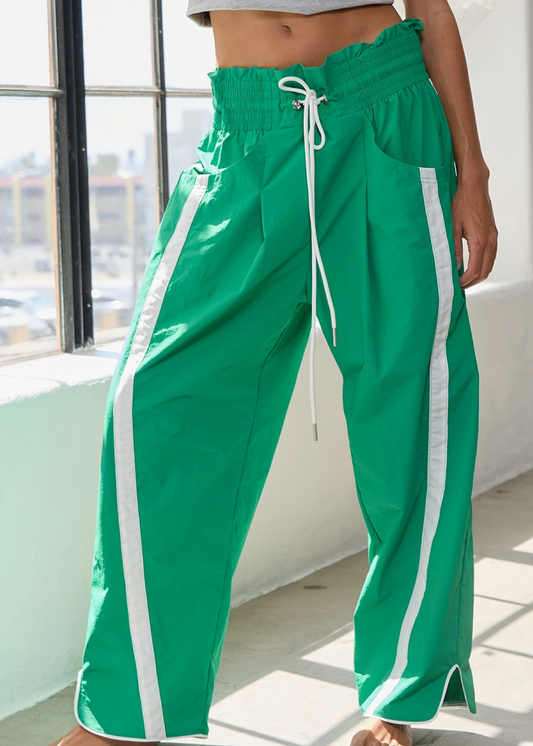 Windbreaker Pants w/ Contrast Stripe | Green & White