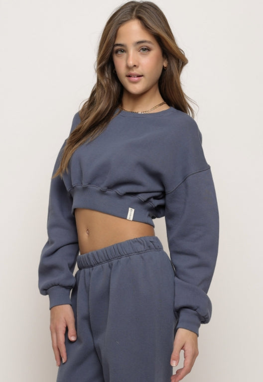 Cotton Fleece Cropped Pullover | Ombre Blue