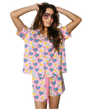 Womens Silky Short Sleeve Pajama Set | Pool Party