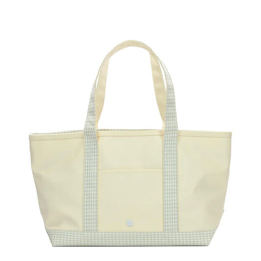 Medium Coated Canvas Tote || Natural with Gingham Pearl Grey Trim