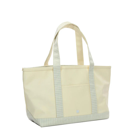Medium Coated Canvas Tote || Natural with Gingham Pearl Grey Trim