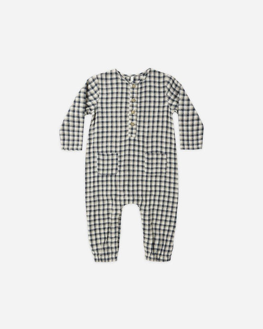 LONG SLEEVE WOVEN JUMPSUIT || NAVY CHECK