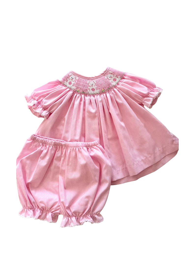 Girls Microcheck Bishop Bloomer Set | Pink, Bunnies