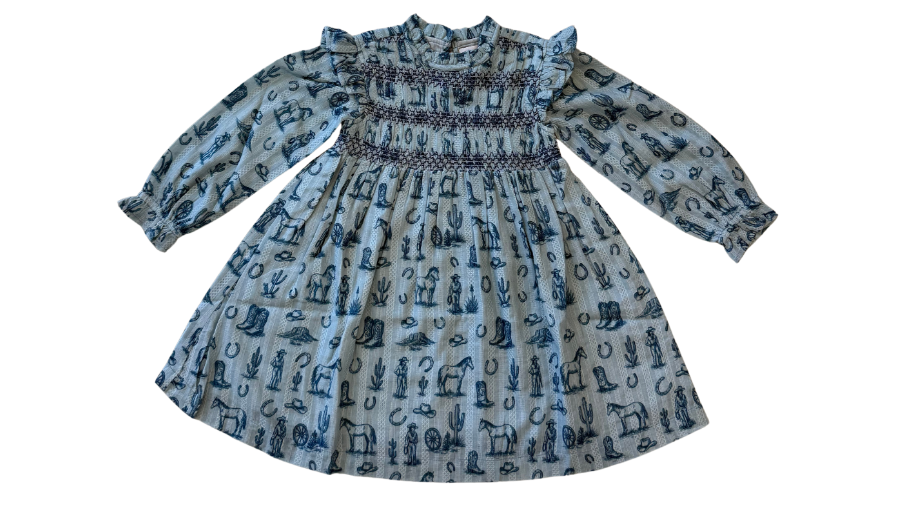 Western Toile Blue Genevieve Dress and Bloomer Set