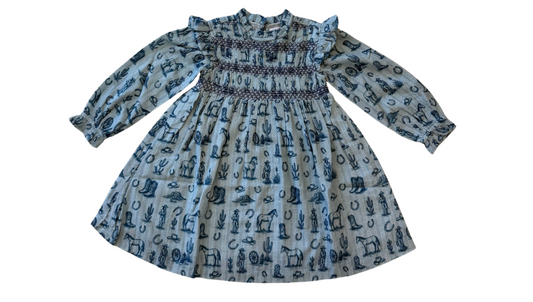 Western Toile Blue Genevieve Dress and Bloomer Set