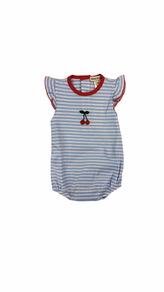Cherry Applique Stripe Romper | Blue