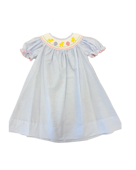 Girls Blue Tiny Stripe Bishop Dress | Easter Chicks