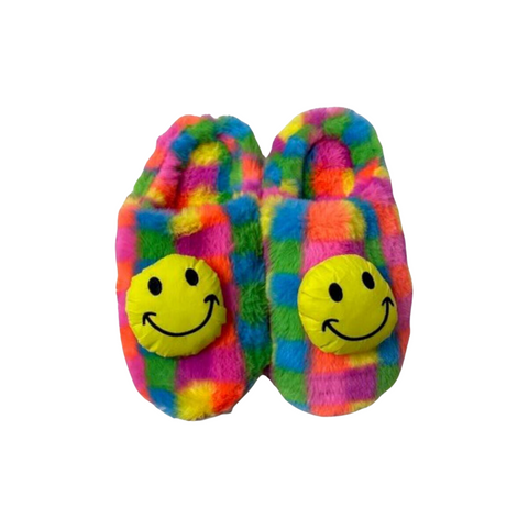 Rainbow Checkered Smiley Face Slippers